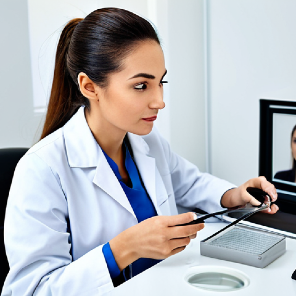 **
"A professional dermatologist in a clean, modern clinic consulting room, fully clothed in a lab coat, examining a patient's skin with a magnifying glass. The patient is also fully clothed and comfortably seated. Background includes medical equipment and skincare products. Safe for work, appropriate content, professional setting, perfect anatomy, natural proportions, well-lit."
**
