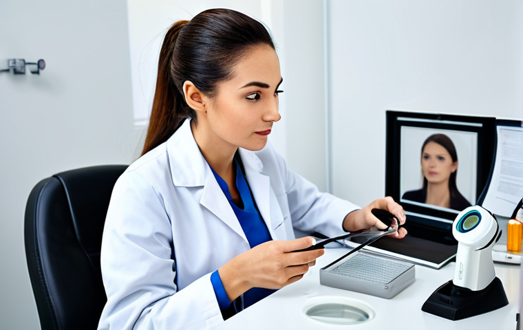 **
"A professional dermatologist in a clean, modern clinic consulting room, fully clothed in a lab coat, examining a patient's skin with a magnifying glass. The patient is also fully clothed and comfortably seated. Background includes medical equipment and skincare products. Safe for work, appropriate content, professional setting, perfect anatomy, natural proportions, well-lit."
**