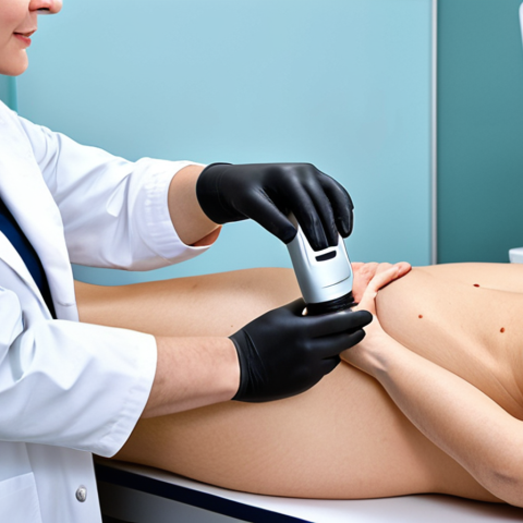 "A dermatologist in a clinic consulting a woman about laser mole removal, fully clothed, appropriate content, safe for work, professional setting, perfect anatomy, well-formed hands, modern medical office."