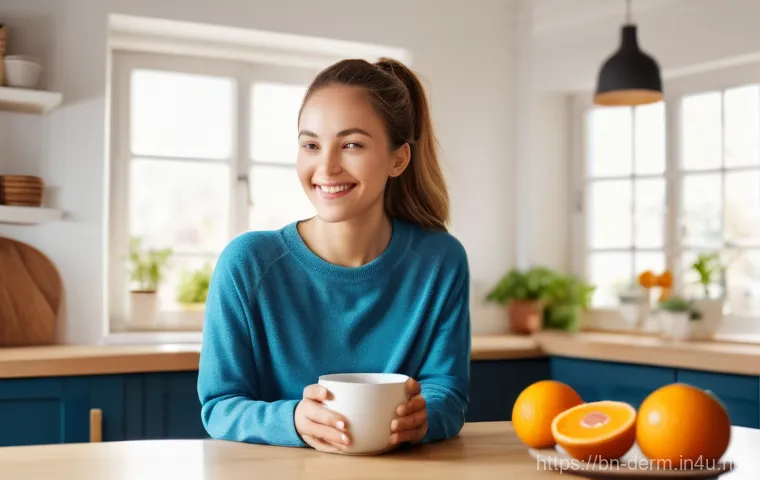 여드름 케어 솔루션 - **Morning Radiance Skincare Routine**
    "A young adult, with naturally clear and glowing skin, is ...
