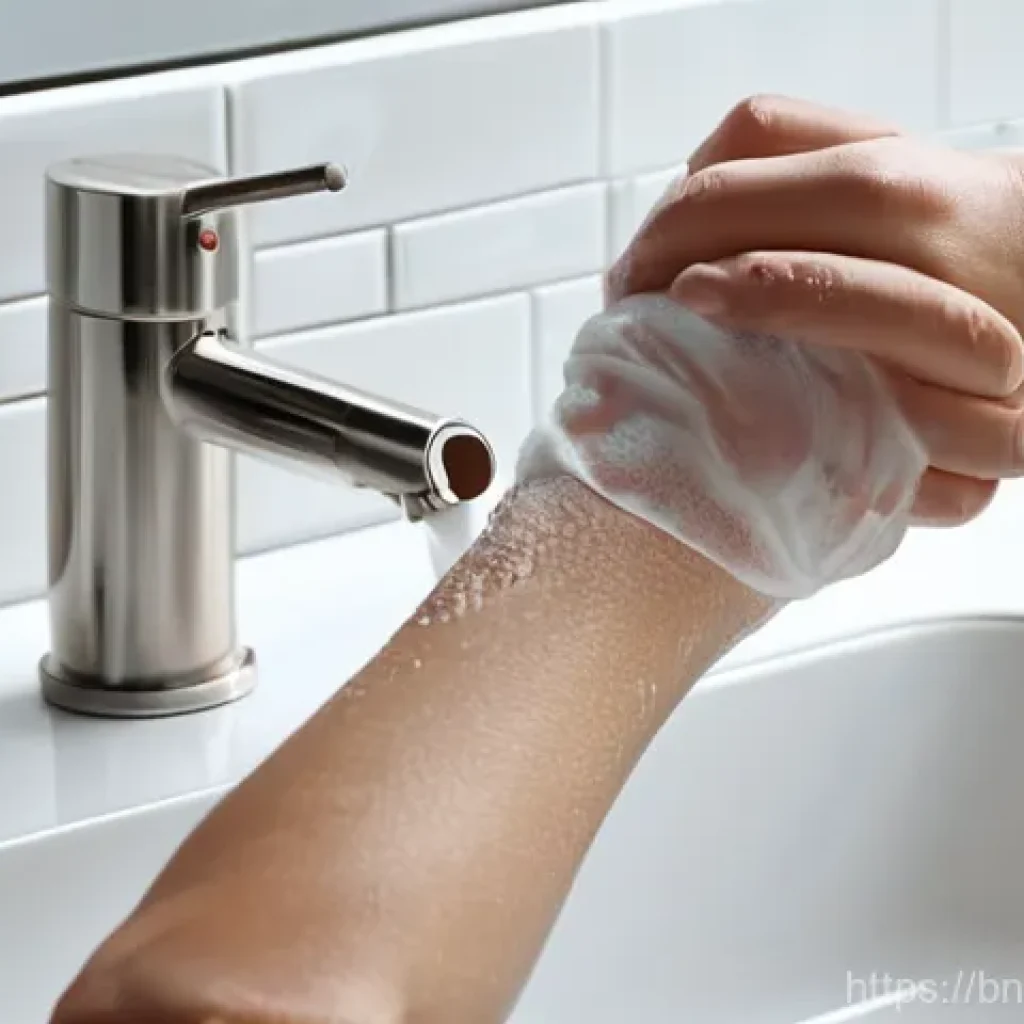 피부과 상처 치유 연고 - **Prompt 1: Gentle Wound Cleansing**
"A close-up shot of a person, approximately 20-30 years old...