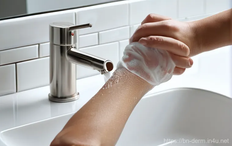 피부과 상처 치유 연고 - **Prompt 1: Gentle Wound Cleansing**
"A close-up shot of a person, approximately 20-30 years old...