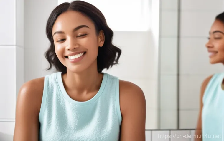 여드름 전용 스킨케어 추천 - A diverse young adult, with clear, healthy, and radiant skin, gently applying a hydrating serum or l...