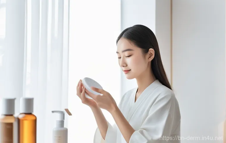 여드름 전용 스킨케어 추천 - A diverse young adult, with clear, healthy, and radiant skin, gently applying a hydrating serum or l...